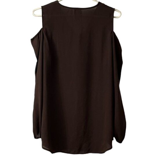 Chico's Sheer Brown Long Sleeve V-Neck Cold Shoulder Blouse - Picture 7 of 11